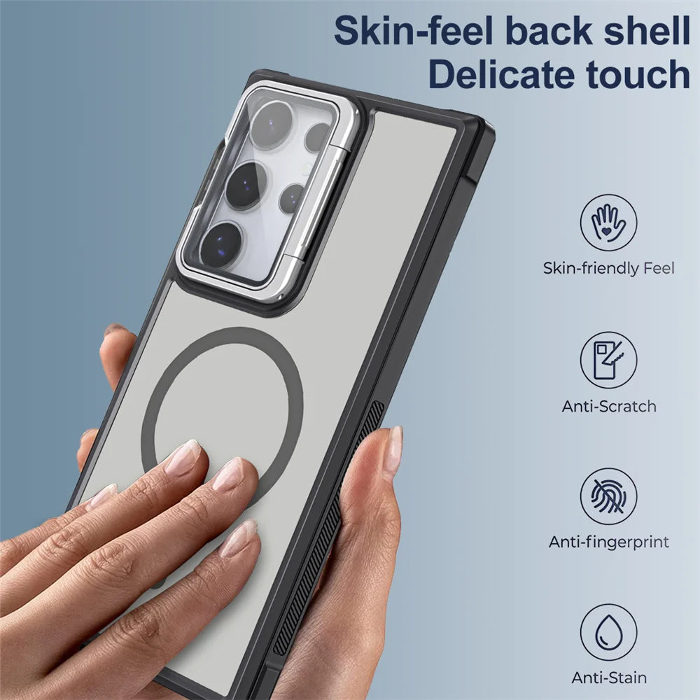 Case Samsung com proteção de câmeras e suporte integrado — detalhe proteção | Orbit Cases