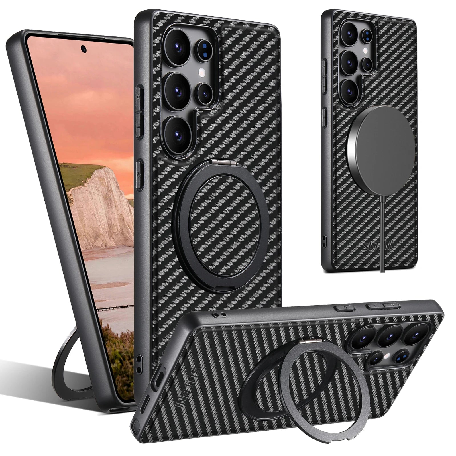 Case Samsung Fibra de Carbono – Suporte Giratório 360° e Carregamento Sem Fio em fibra de carbono — vista principal | Orbit C