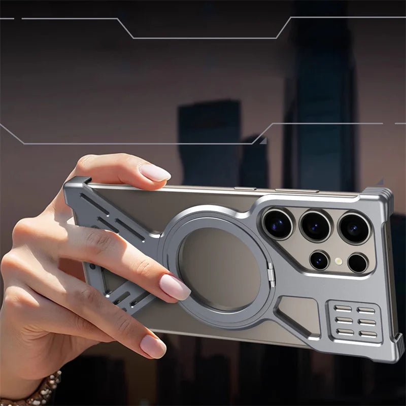 Case Samsung em Metal Reforçado com Carregamento MagSafe em metal — detalhe proteção | Orbit Cases