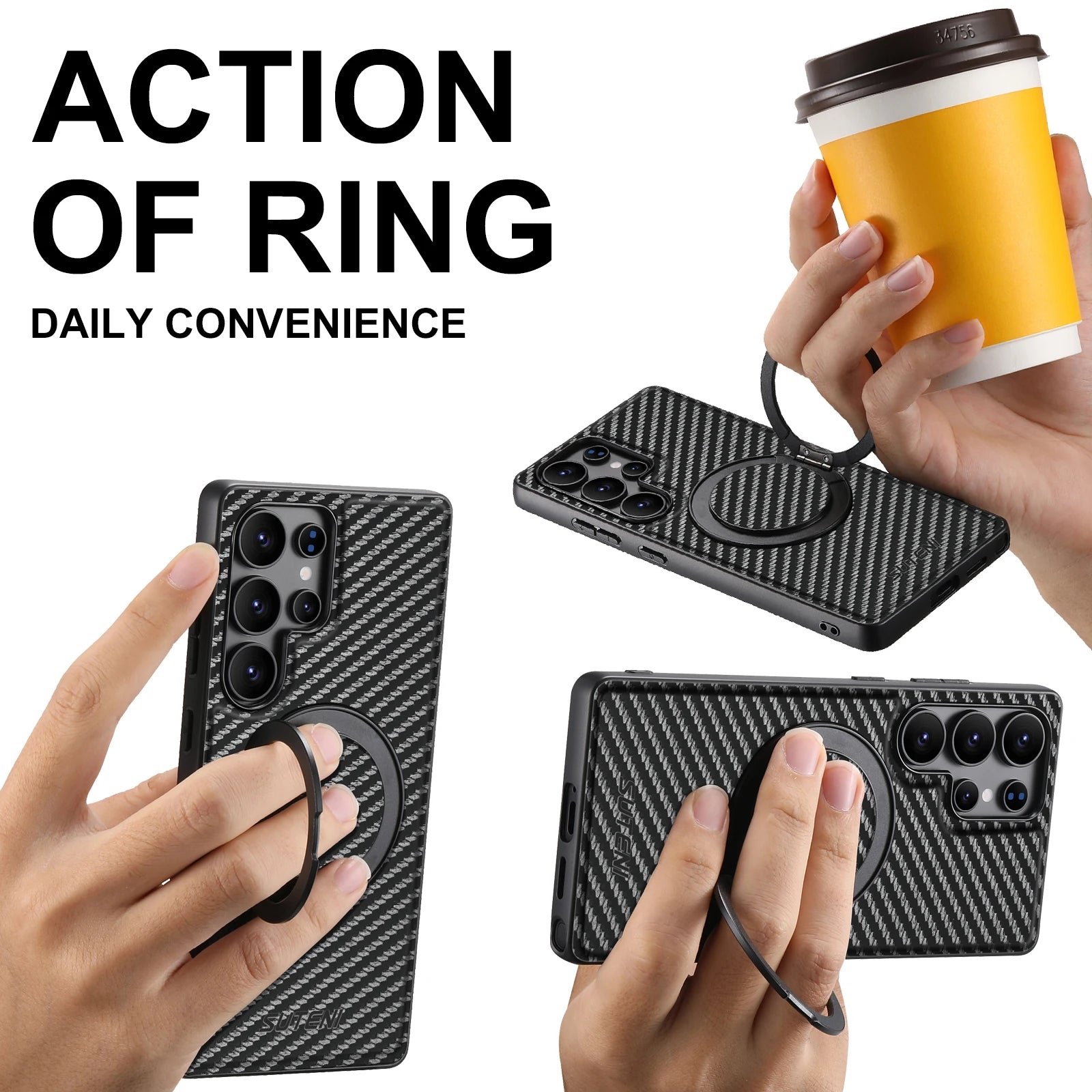 Case Samsung Fibra de Carbono – Suporte Giratório 360° e Carregamento Sem Fio em fibra de carbono — detalhe proteção | Orbit 