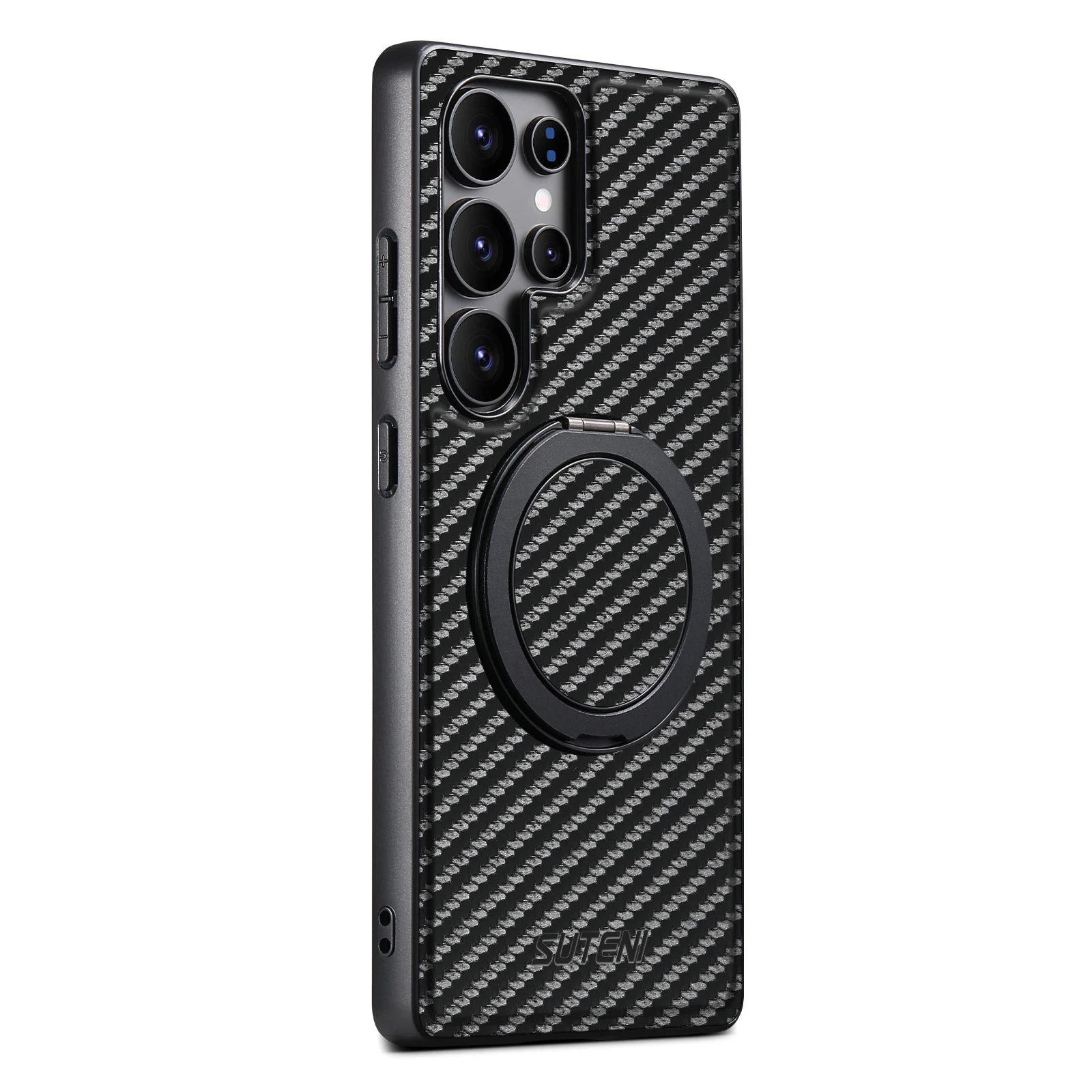 Case Samsung Fibra de Carbono – Suporte Giratório 360° e Carregamento Sem Fio em fibra de carbono — em uso | Orbit Cases