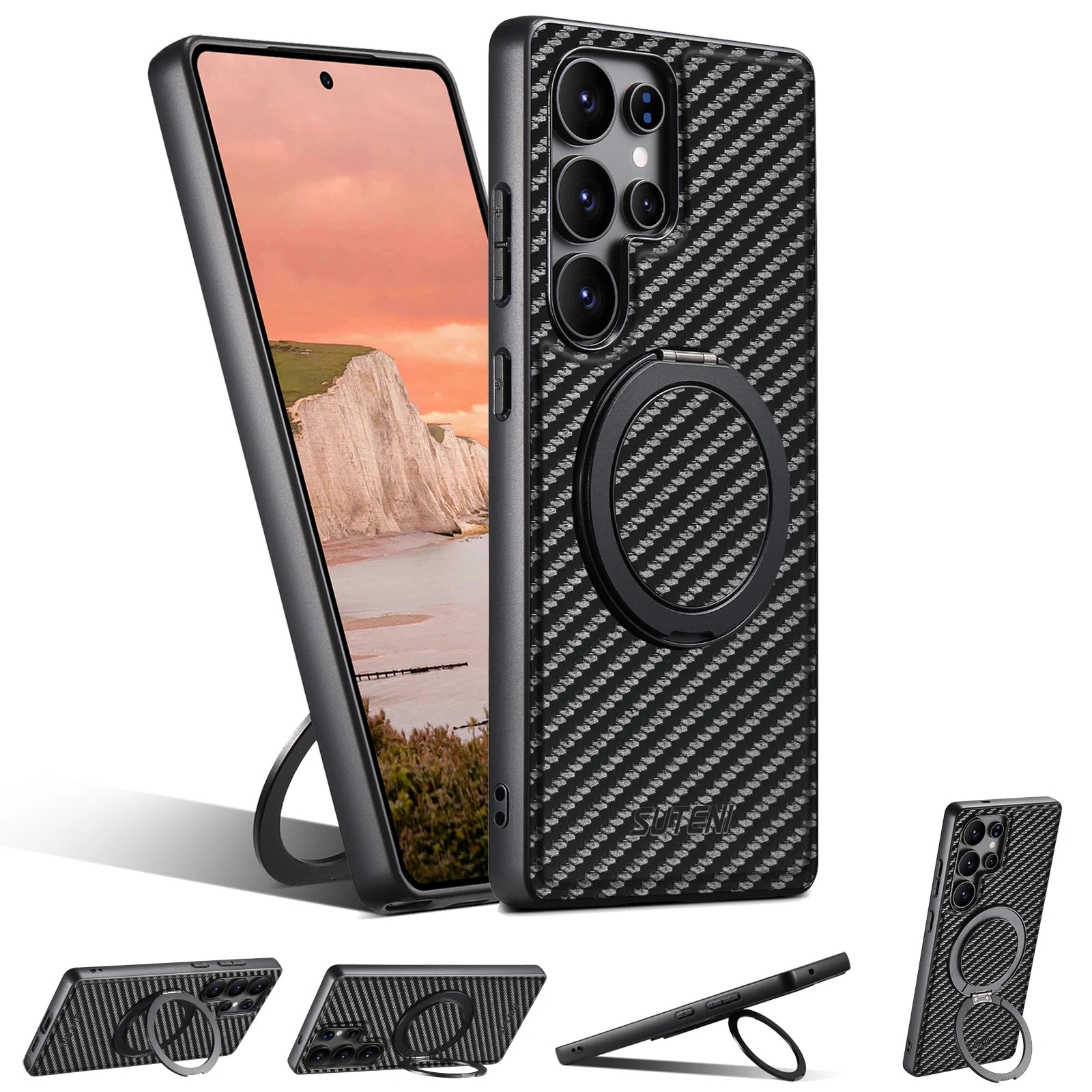 Case Samsung Fibra de Carbono – Suporte Giratório 360° e Carregamento Sem Fio em fibra de carbono — compatibilidade | Orbit C